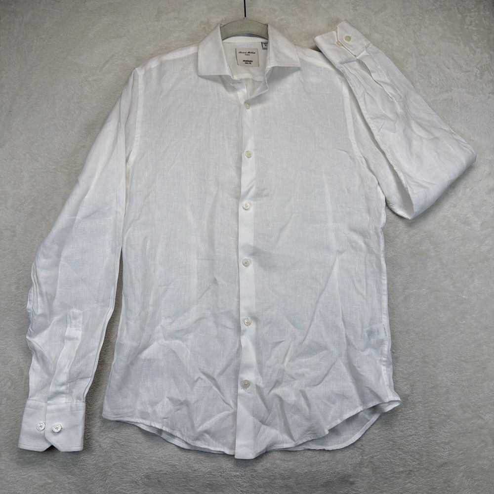 Murano Baird McNutt Mens Linen Shirt Small White Slim Fit Long Sleeve